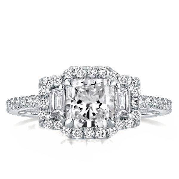 

Three Stone Princess Halo Engagement Ring, White