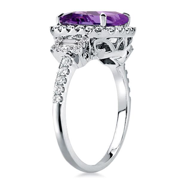 

Three Stone Cushion Cut Halo Amethyst Engagement Ring, White