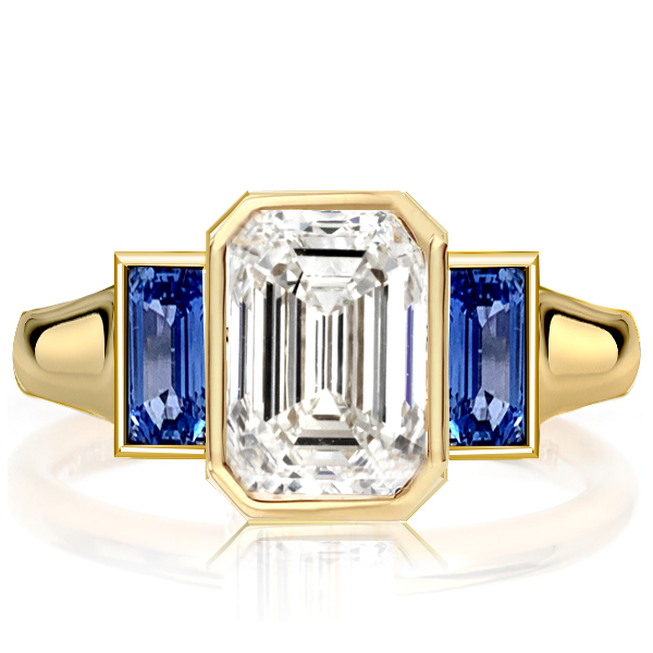 

Golden Blue Sapphire 3 Stone Emerald Cut Engagement Ring, White