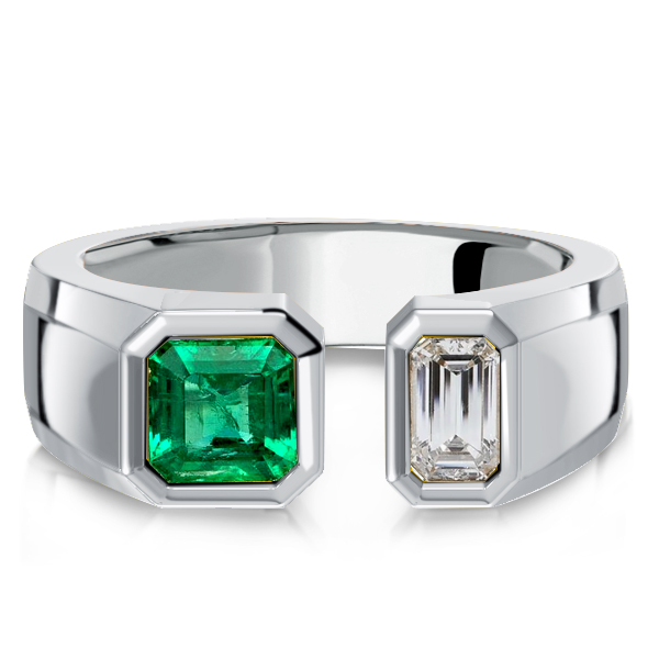 

Italo Bezel Setting Emerald Signet Open Ring In Sterling Silver, White