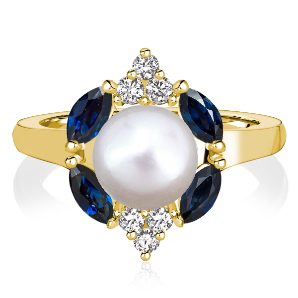 

Italo Golden Blue Sapphire Pearl Engagement Ring Halo Ring, White