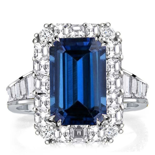 

Italo Blue Sapphire Emerald Cut Engagement Ring Halo Ring, White