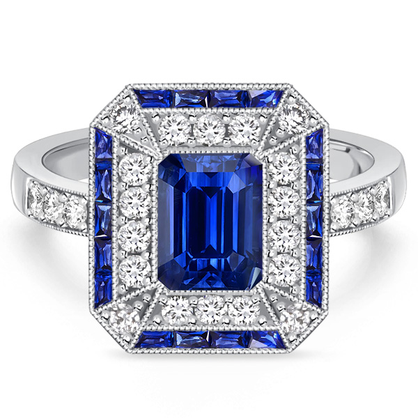 

Italo Art Deco Emerald Cut Blue Sapphire Vintage Engagement Ring, White