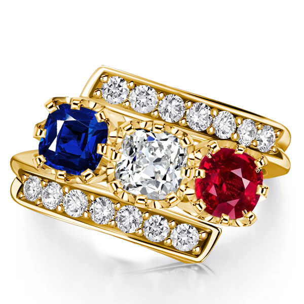 

Italo Blue Sapphire Ruby Vintage Engagement Ring 3 Stone Ring, White