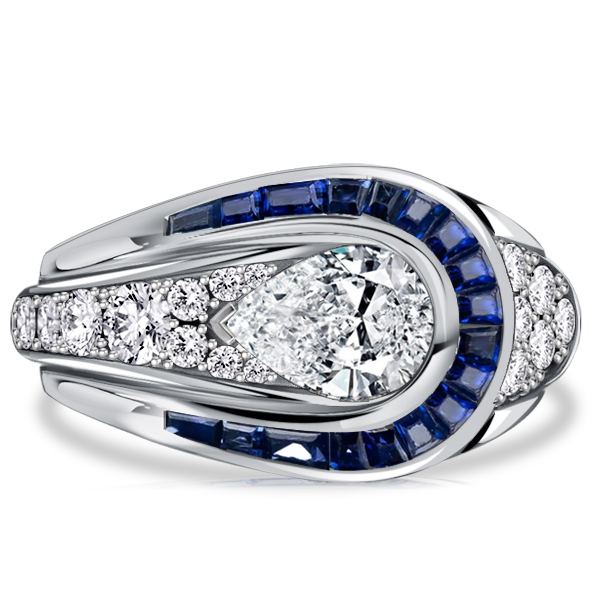 

Italo Art Deco Blue Sapphire Pear Shaped Engagement Ring, White