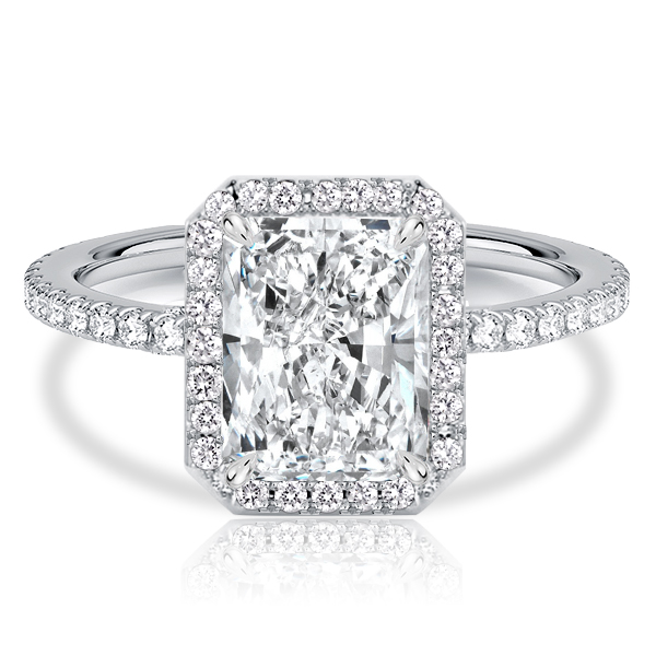 

Italo Halo Radiant Cut White Sapphire Engagement Ring