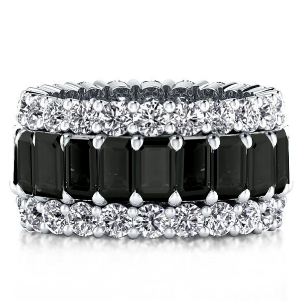 

Italo Triple Row Created Emerald Black Sapphire Wedding Band, White