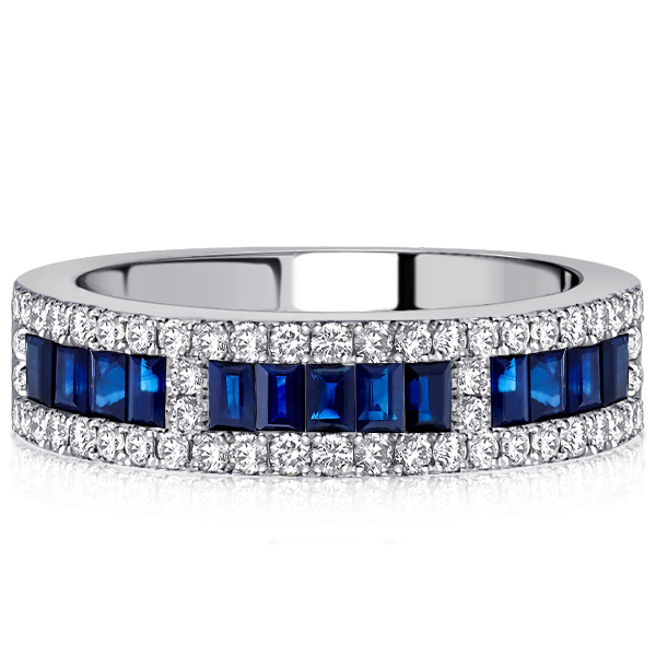 

Blue Baguette Triple Row Half Eternity Wedding Band For Women, White