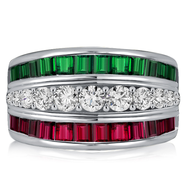 

Italo Triple Row Emerald Green Wedding Band Ruby Ring, White