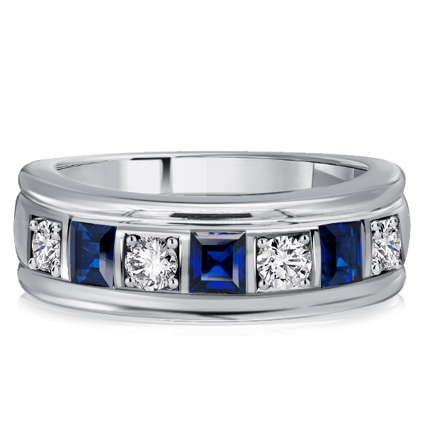 

Italo Asscher Cut White & Blue Sapphire Vintage Wedding Band