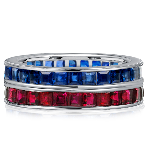 

Italo Asscher Cut Blue Sapphrie Ruby Eternity Band Vintage, White