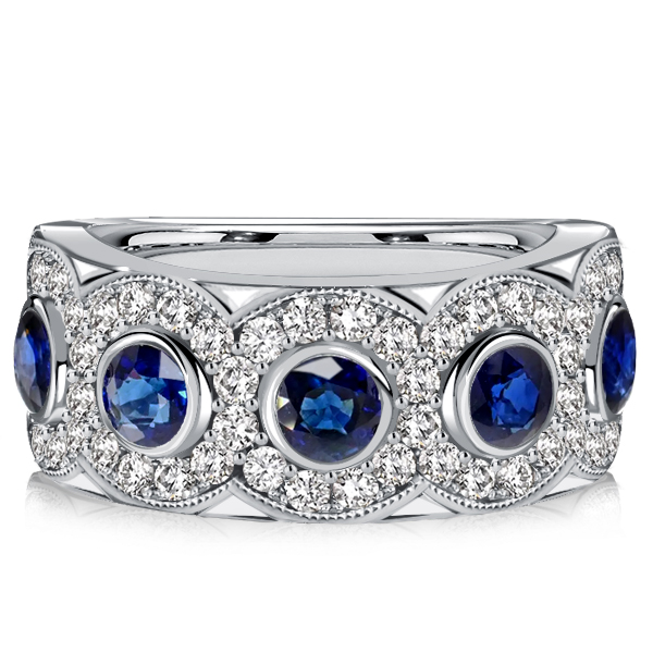 

Italo Halo 5 Stone Blue Sapphire Half Eternity Wedding Band, White