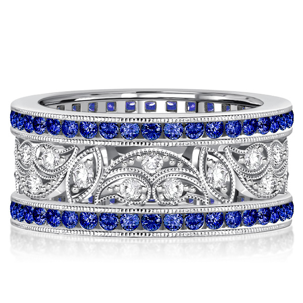 

Italo Art Deco Blue Sapphire Vintage Wedding Band Anniversary, White