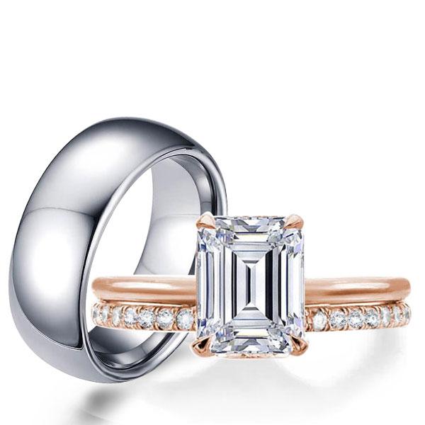 

Rose Gold Emerald Trio Matching Wedding Set, White