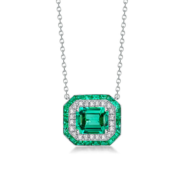

Halo Emerald Cut Created Emerald Sapphire Pendant Necklace, White