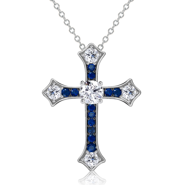 

Italo Round Cut Blue Sapphire Cross Necklace Silver Necklace, White