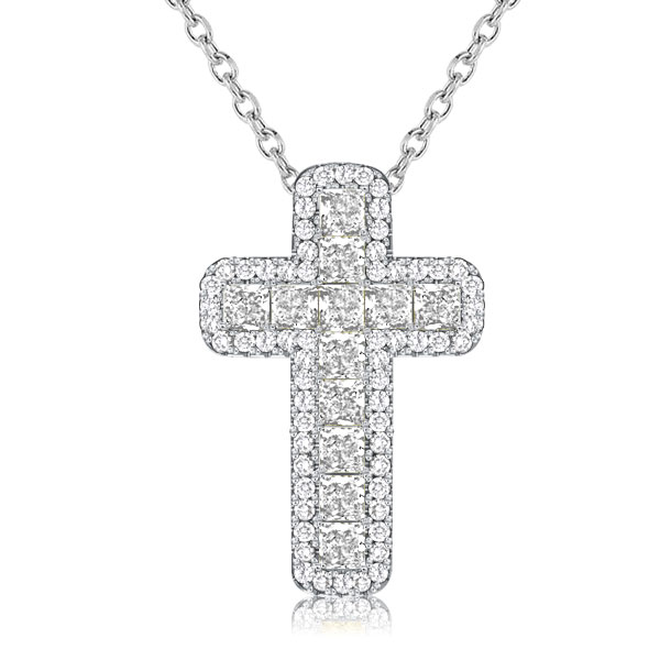 

Italo Halo Cushion Cut Cross Necklace In Sterling Silver, White