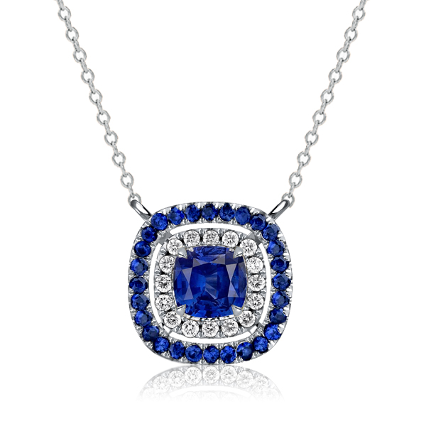 

Italo Double Halo Blue Sapphire Cushion Cut Pendant Necklace, White