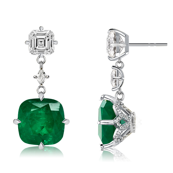 

Cushion Cut Lotus Design Emerald Green Drop Earrings For Women, White