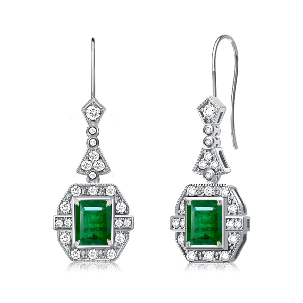 

Art Deco Emerald Cut Emerald Sapphire Drop Earrings For Women, White