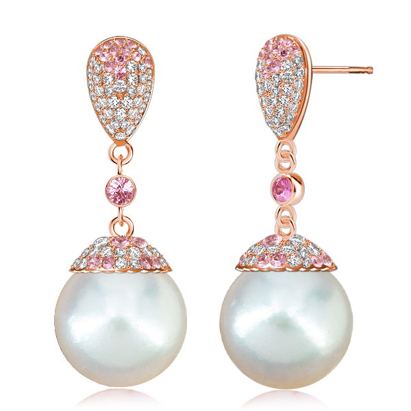 

Italo Rose Gold Pink Sapphire Pearl Drop Earrings For Women, White