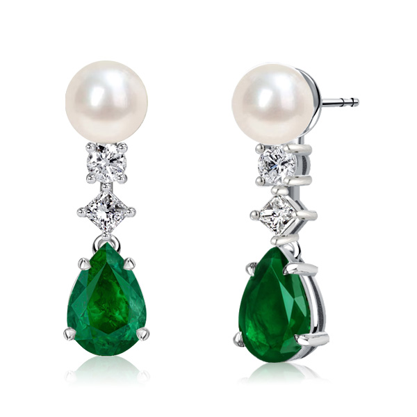 

Italo Pear Cut Emerald Pearl Drop Earrings In Sterling Silver, White