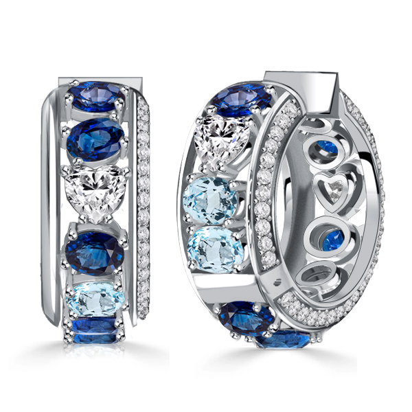 

Italo Oval Cut Blue Sapphire Aquamarine Silver Hoop Earrings, White