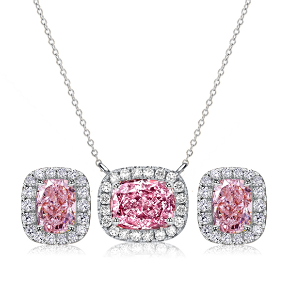 

Italo Pink Stone Cushion Cut Halo Necklace & Earrings Set, White