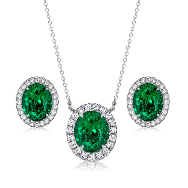 

Italo Oval Green Emerald Sapphire Halo Necklace & Earrings Set, White