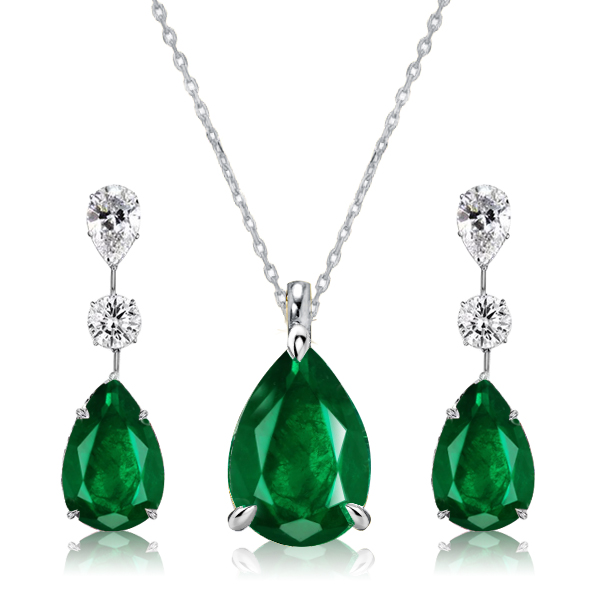 

Italo Pear Shaped Emerald Sapphire Necklace & Earrings Set, White