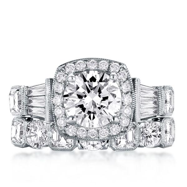 

Half Eternity Vintage Cushion Halo Round Cut Bridal Ring Set, White