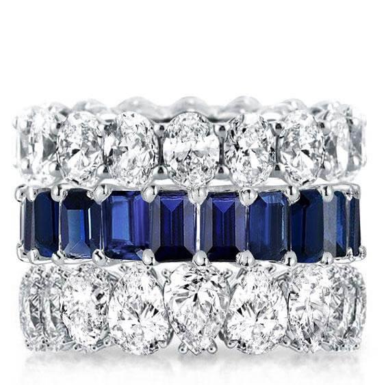 

Triple Row Blue Oval & Emerald & Pear Stackable Band Set, White
