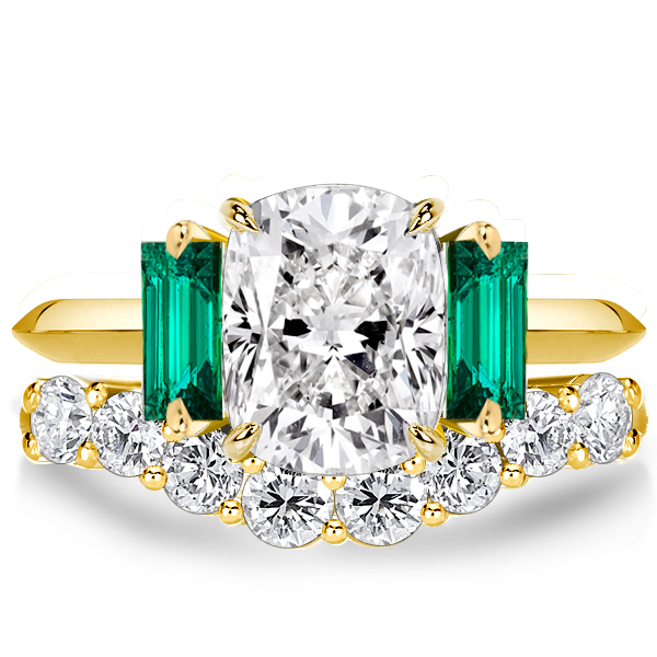 

Italo Three Stone Cushion Cut White & Emerald Bridal Set