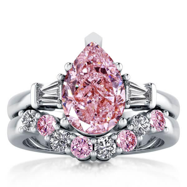 

Italo Pear Shaped Pink Stone Wedding Rings Bridal Set, White