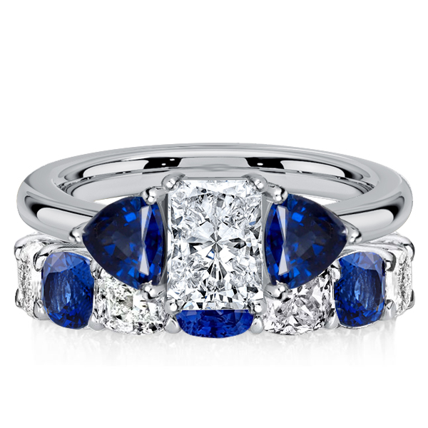 

Italo White & Blue Radiant Cut 3 Stone Wedding Rings Bridal Set