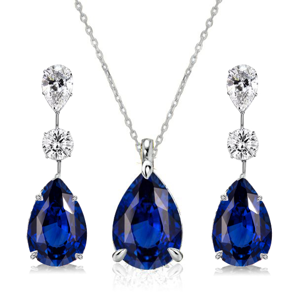 

Italo Blue Sapphire Pear Shaped Necklace & Earrings Set, White