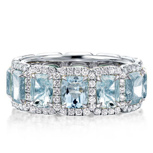 

Italo Aquamarine Ring Cushion Cut Eternity Wedding Band For Women, White