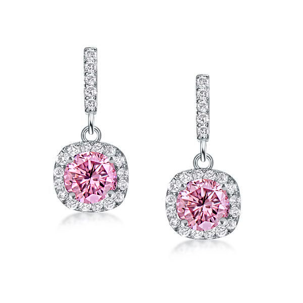 

Halo Round Cut Pink Topaz Drop Earrings In Sterling Silver, White