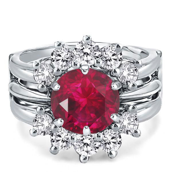 

Sunflower Design Round Cut Ruby Bridal Rings Sets, White