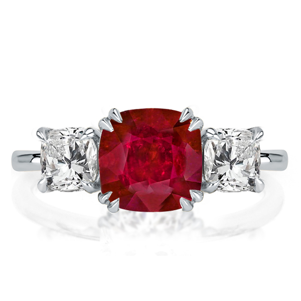 

Three Stone Ruby Cushion Cut Engagement Ring, White