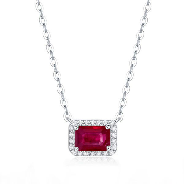 

Italo Halo Emerald Cut Ruby Silver Pendant Necklace For Women, White