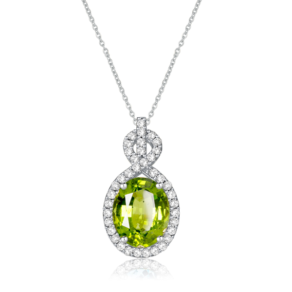 

Italo Halo Peridot Oval Cut Pendant Necklace For Women, White