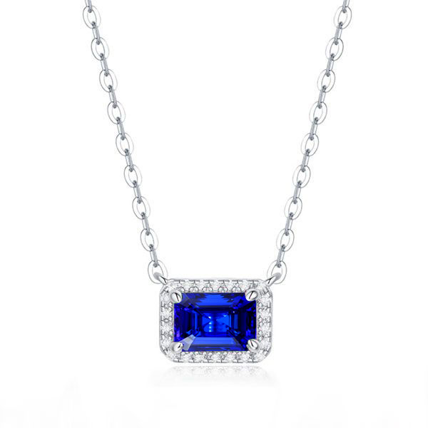 

Italo Halo Blue Emerald Cut Pendant Necklace For Women, White