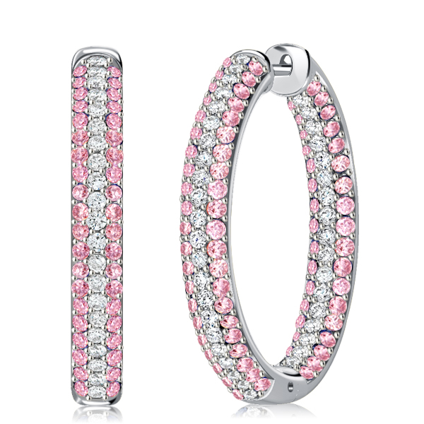 

Micro-pave Pink Sapphire Oval-shaped Hoop Earrings For Women, White