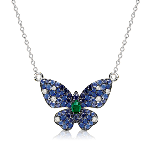 

Dancing Butterfly Blue Sapphire Pendant Necklace For Women, White