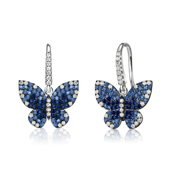 

Dancing Butterfly Round Blue Sapphire Drop Earrings For Women, White