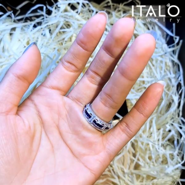 Round order Cut Blue Sapphire Diamond Wedding Band, Half Eternity Engagement Band, Proposal Promise Band, Three Row Bridal Band, Handmade Jewelry