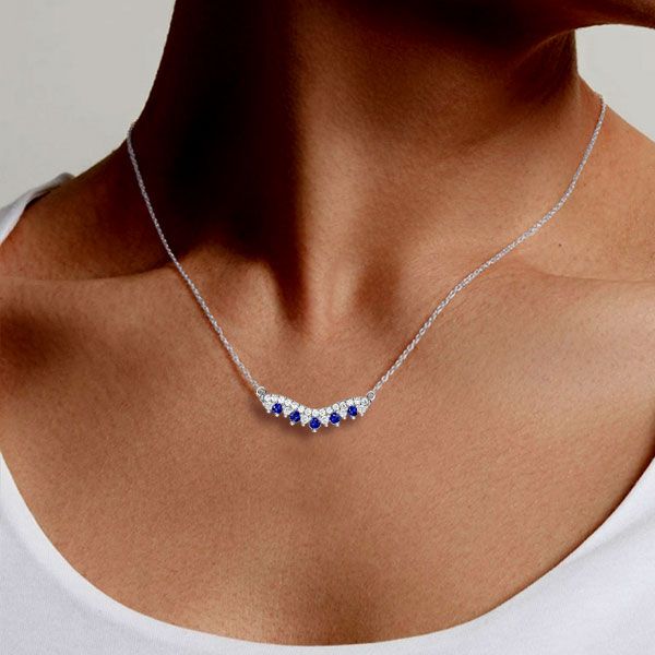 Chevron White & Blue Sapphire Bar Necklace