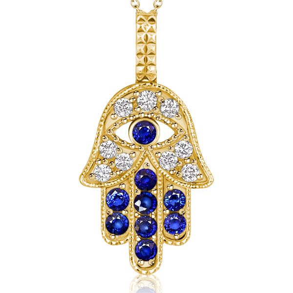 LIV 18k Gold Sterling Silver .925 Multi Sapphire Large buy Hand Hamsa Design Necklace