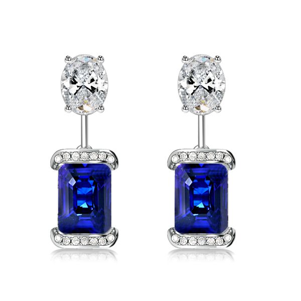 Blue Oval Emerald Cut Drop Earrings For Women Silver Earrings